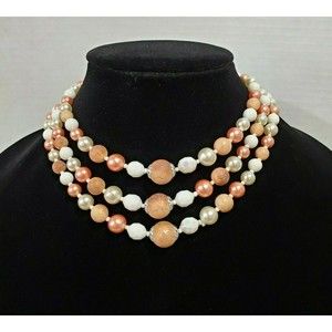 Triple Strand Pink White Beaded Statement Necklace Fashion Costume Bib
